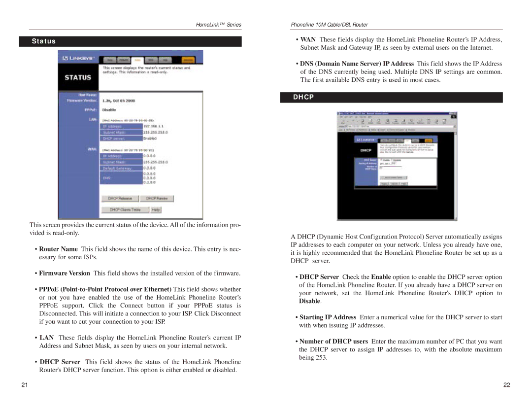 Linksys HPPO200 manual Status, Dhcp 