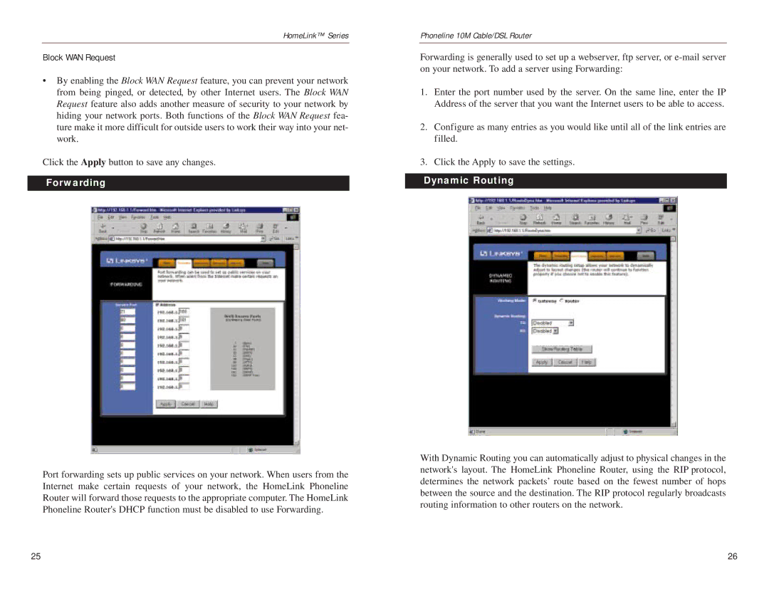 Linksys HPPO200 manual Block WAN Request, Forwarding, Dynamic Routing 