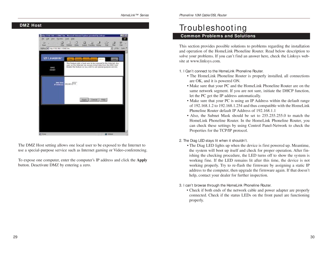 Linksys HPPO200 manual Troubleshooting, DMZ Host, Common Problems and Solutions 