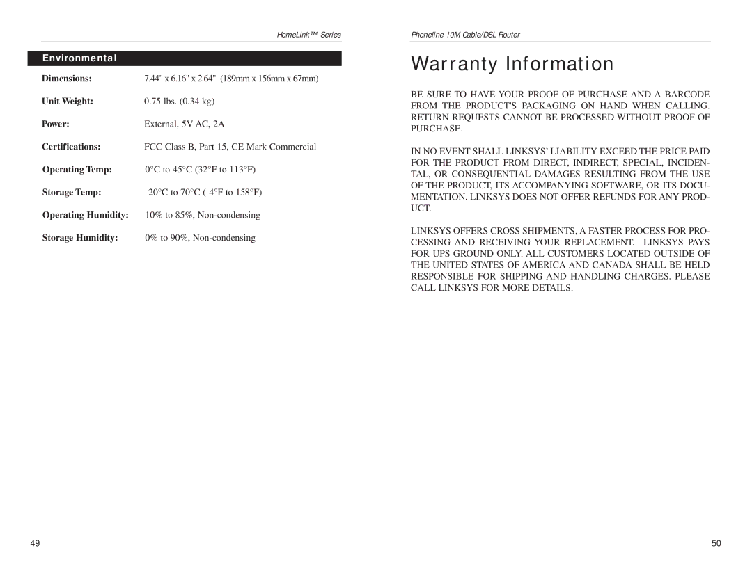 Linksys HPPO200 manual Warranty Information, Environmental 