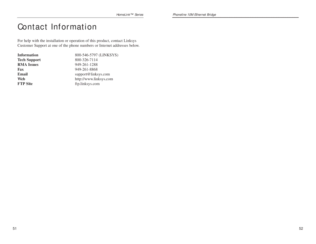 Linksys HPPO200 manual Contact Information 