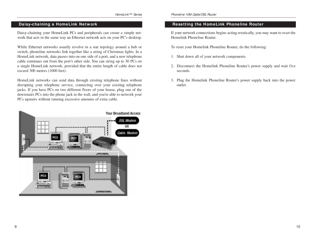 Linksys HPPO200 manual Daisy-chaining a HomeLink Network, Resetting the HomeLink Phoneline Router 