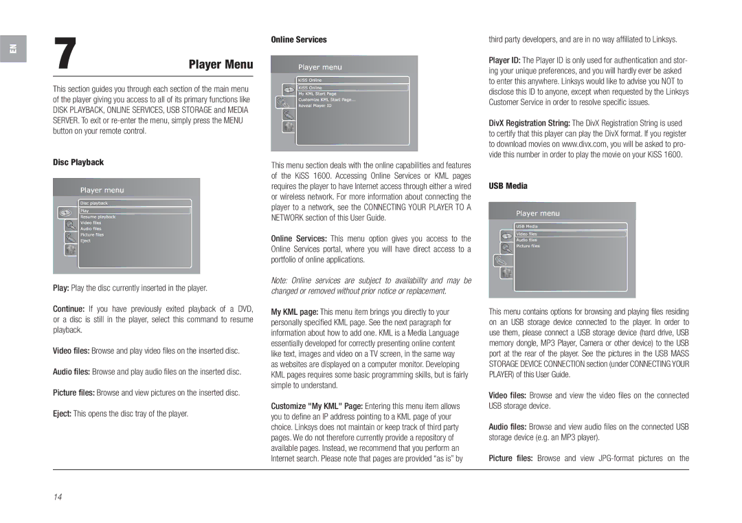 Linksys KiSS 1600 manual Player Menu, USB Media, Picture files Browse and view JPG-format pictures on 