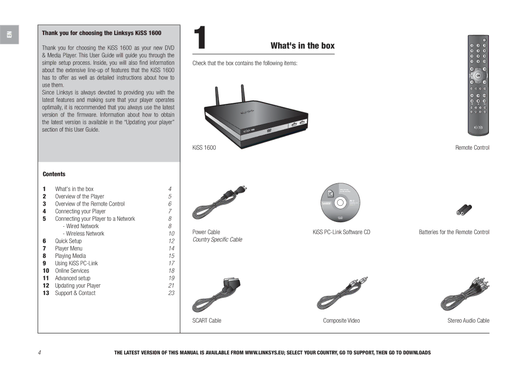 Linksys KiSS 1600 manual Whats in the box, Thank you for choosing the Linksys KiSS, Power Cable KiSS PC-Link Software CD 