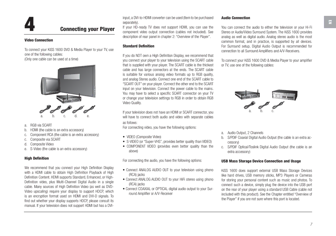 Linksys KiSS 1600 Connecting your Player, Standard Definition, Component Video provides even better quality than the above 