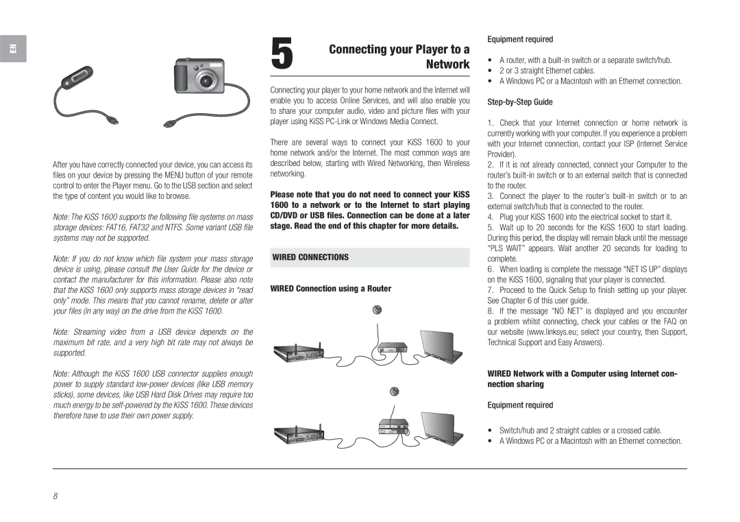 Linksys KiSS 1600 manual Connecting your Player to a, Network 