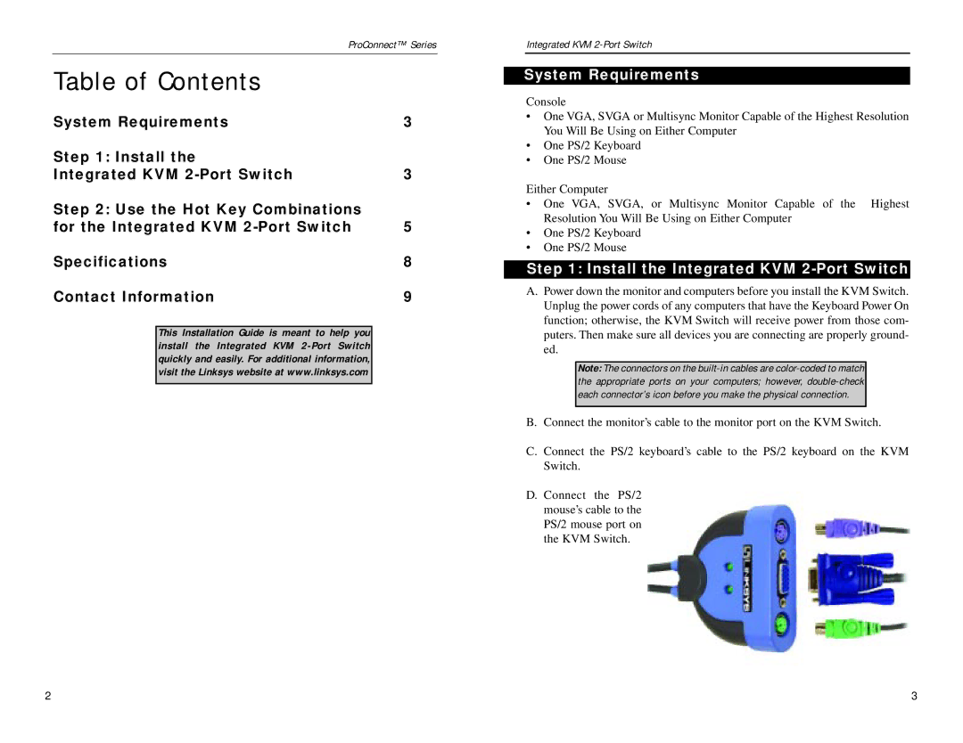 Linksys KVM2KIT manual Table of Contents 