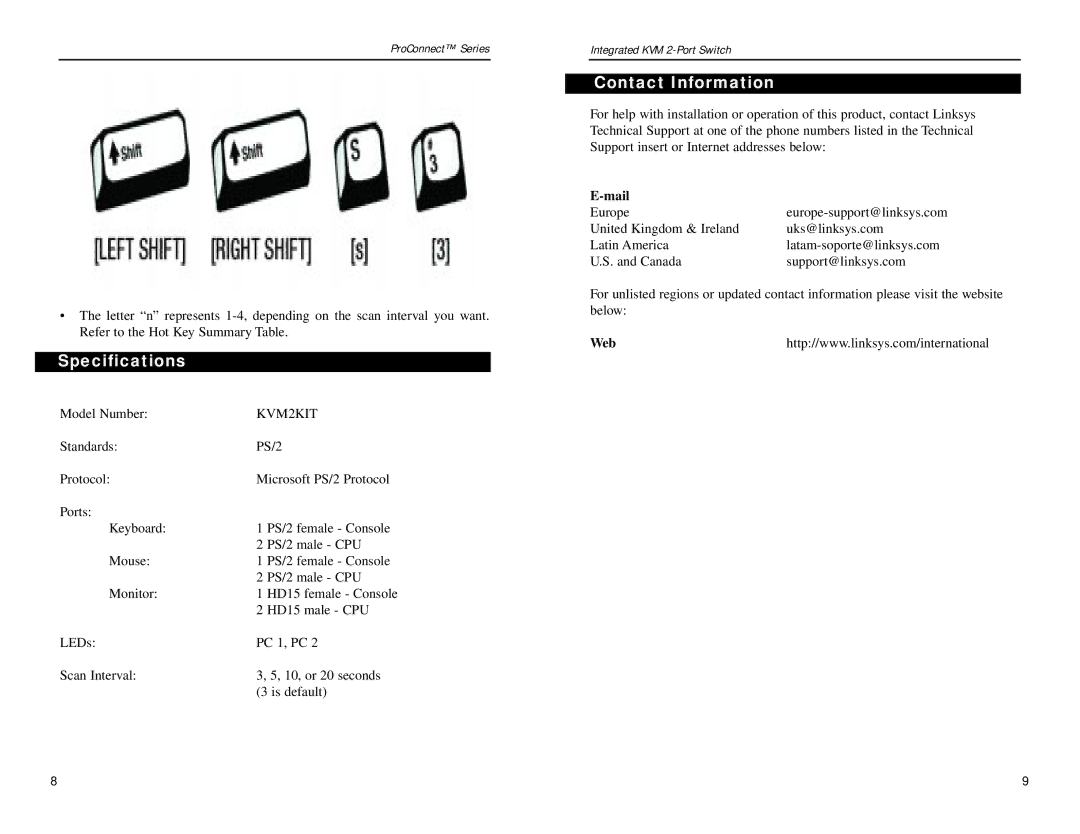 Linksys KVM2KIT manual Specifications, Contact Information, Mail, Web 