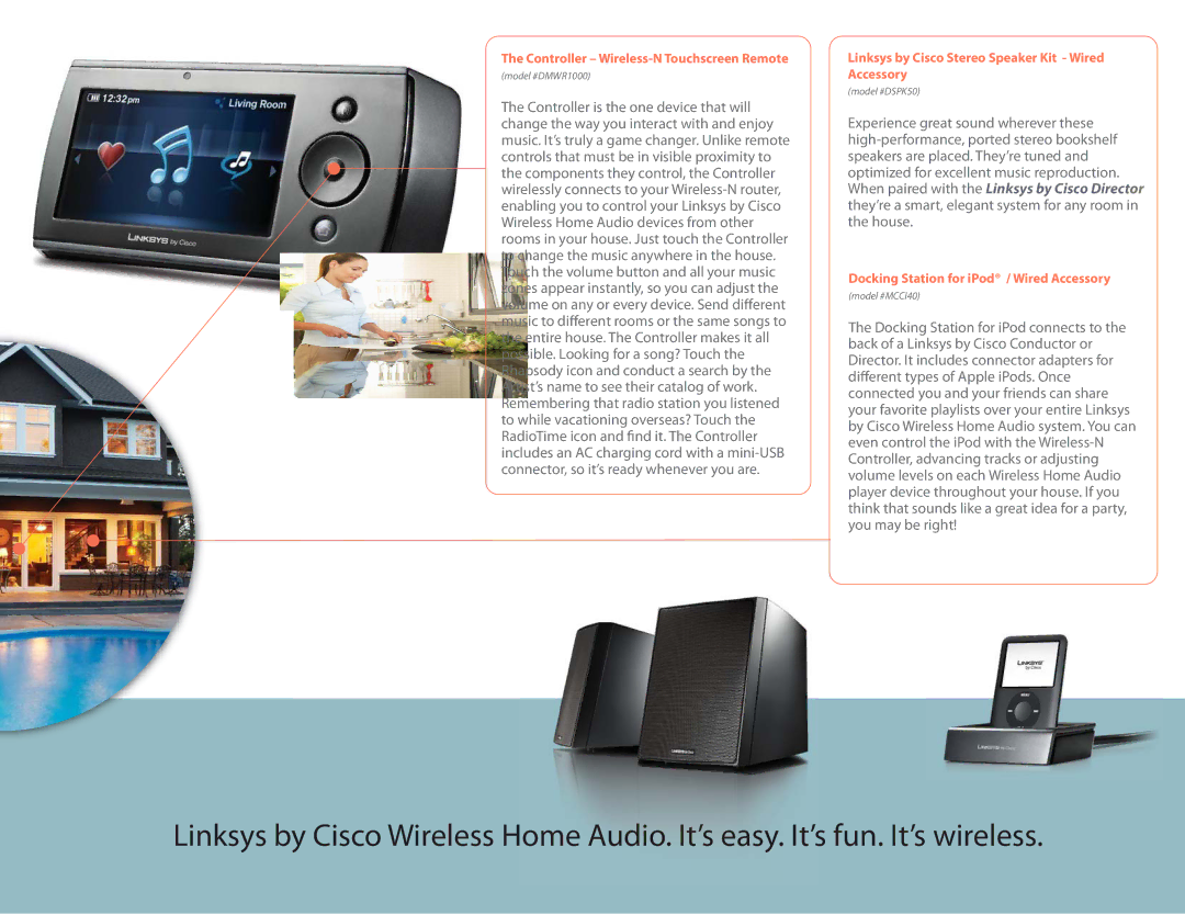 Linksys KWHA700 manual Controller Wireless-N Touchscreen Remote, Linksys by Cisco Stereo Speaker Kit Wired Accessory 