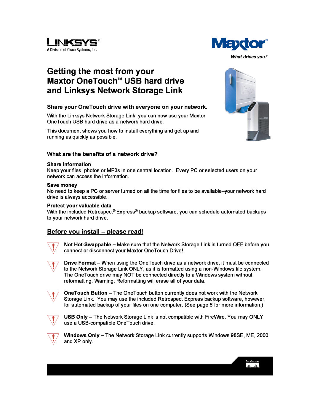 Linksys LKG0F755E manual Before you install - please read, Share information, Save money, Protect your valuable data 