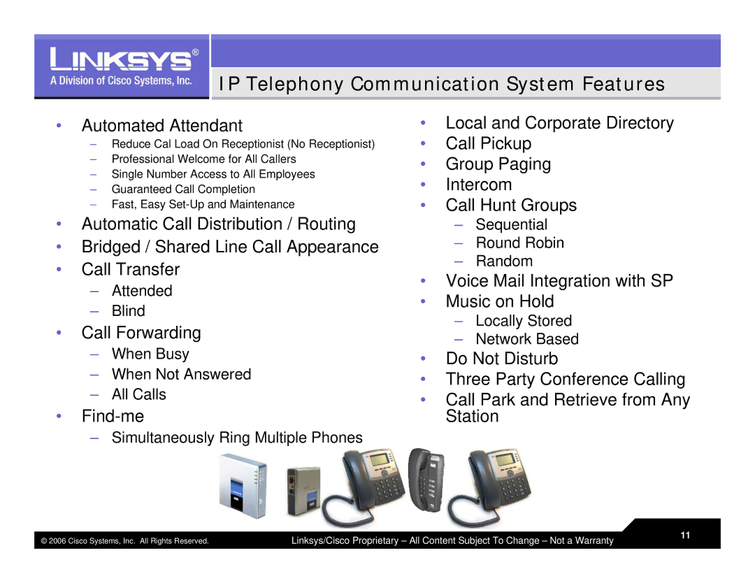 Linksys LVS 9000 warranty IP Telephony Communication System Features, Automated Attendant 