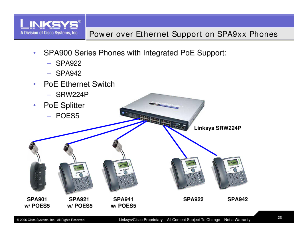 Linksys LVS 9000 warranty Power over Ethernet Support on SPA9xx Phones, PoE Splitter 