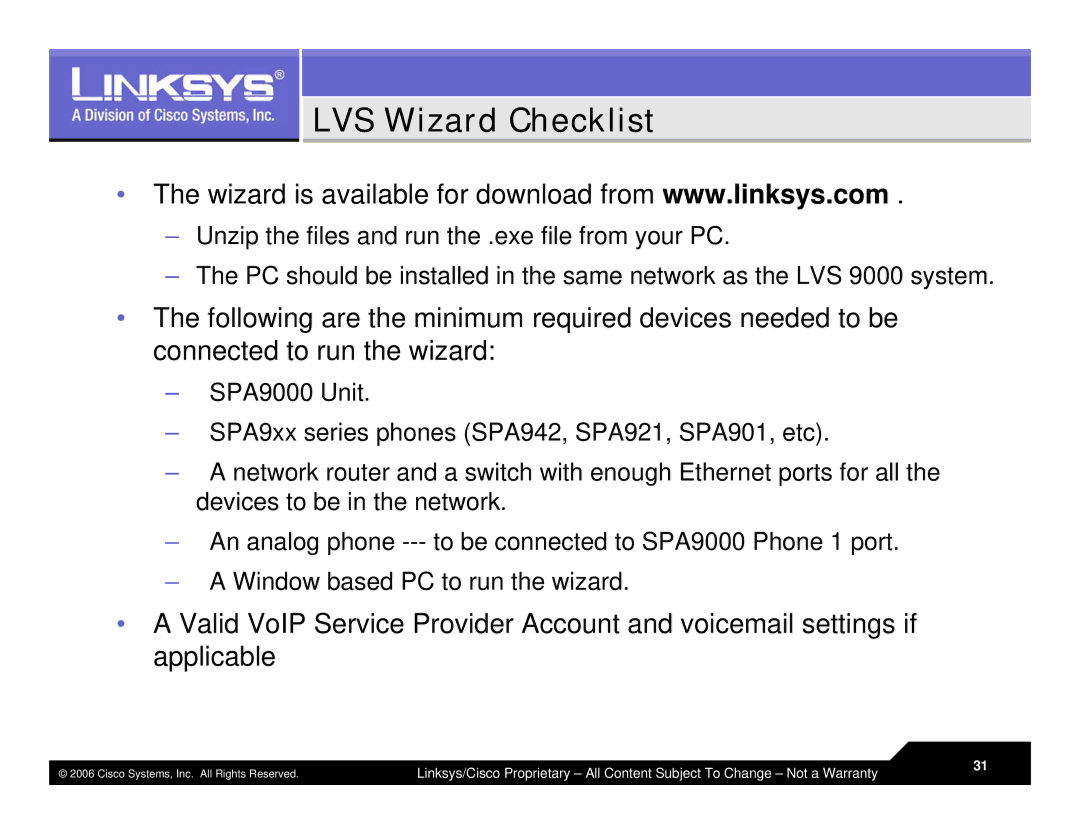 Linksys LVS 9000 warranty LVS Wizard Checklist 