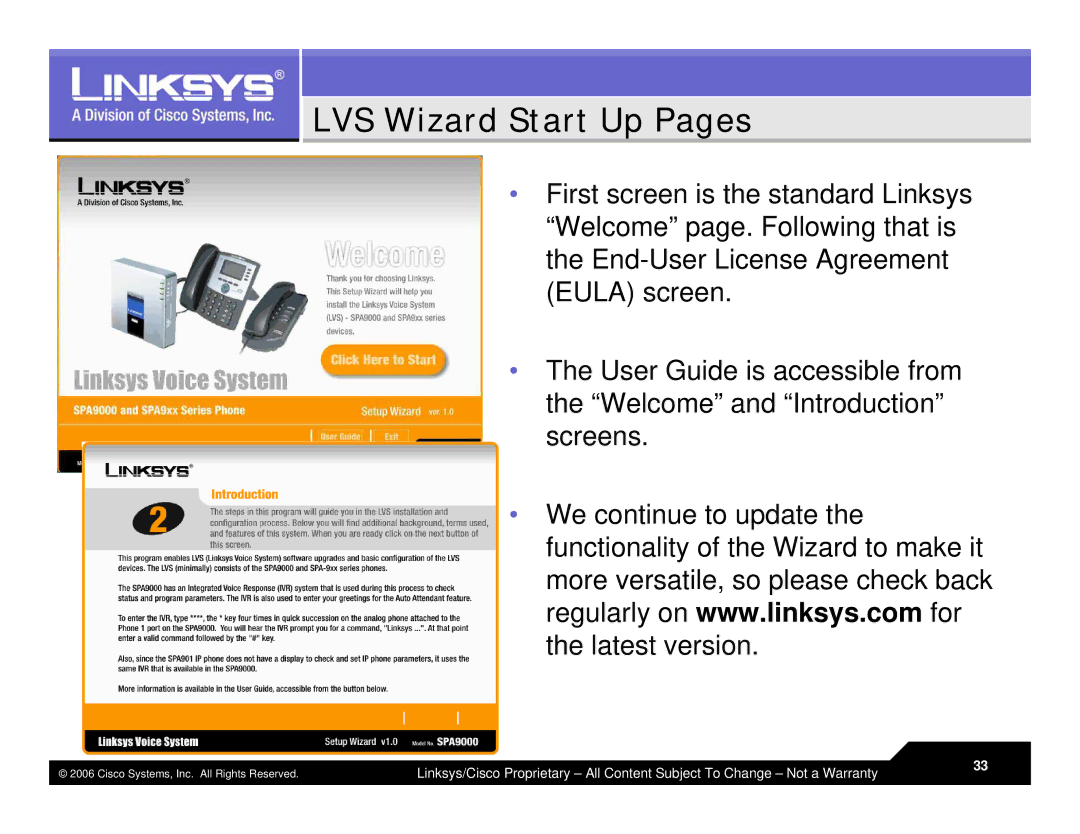 Linksys LVS 9000 warranty LVS Wizard Start Up Pages 