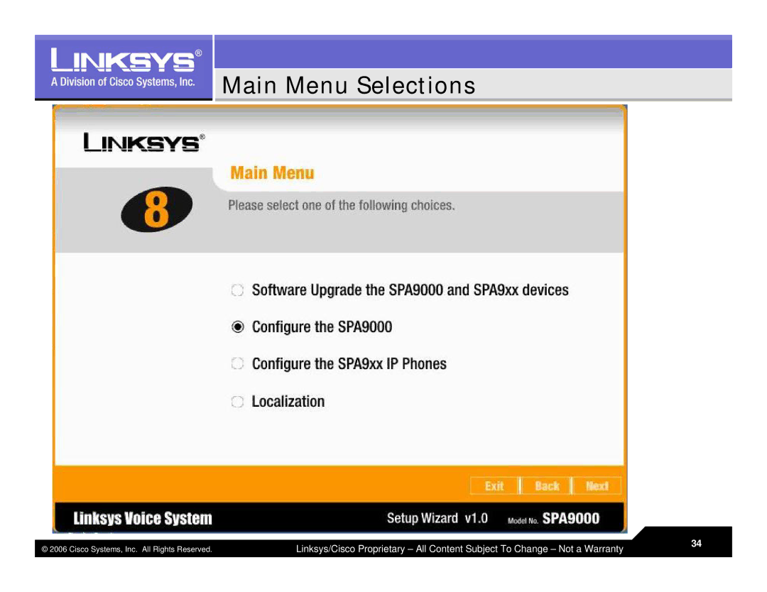 Linksys LVS 9000 warranty Main Menu Selections 