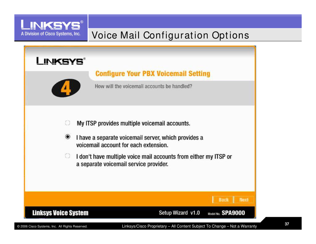 Linksys LVS 9000 warranty Voice Mail Configuration Options 