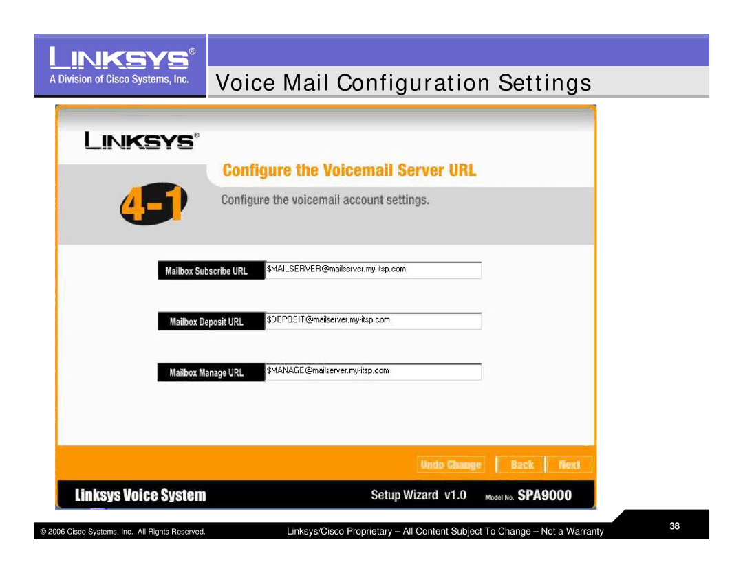 Linksys LVS 9000 warranty Voice Mail Configuration Settings 