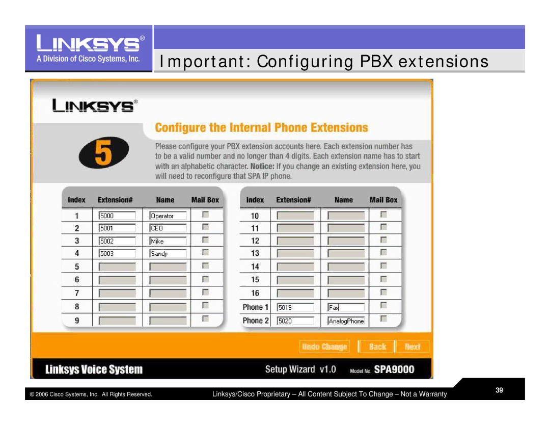 Linksys LVS 9000 warranty Important Configuring PBX extensions 