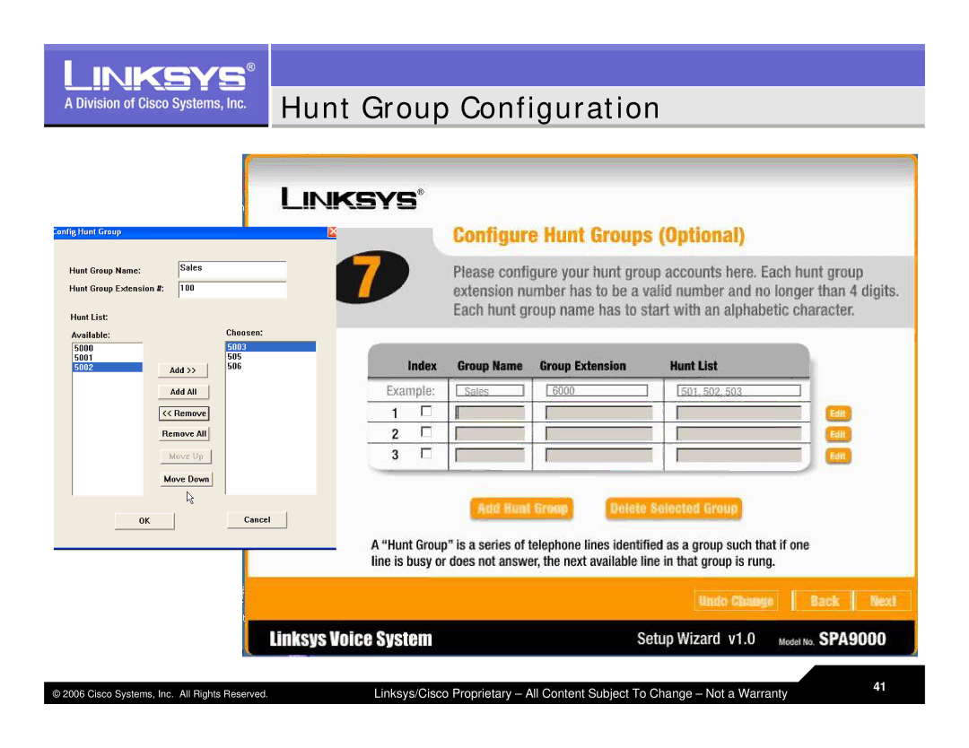 Linksys LVS 9000 warranty Hunt Group Configuration 