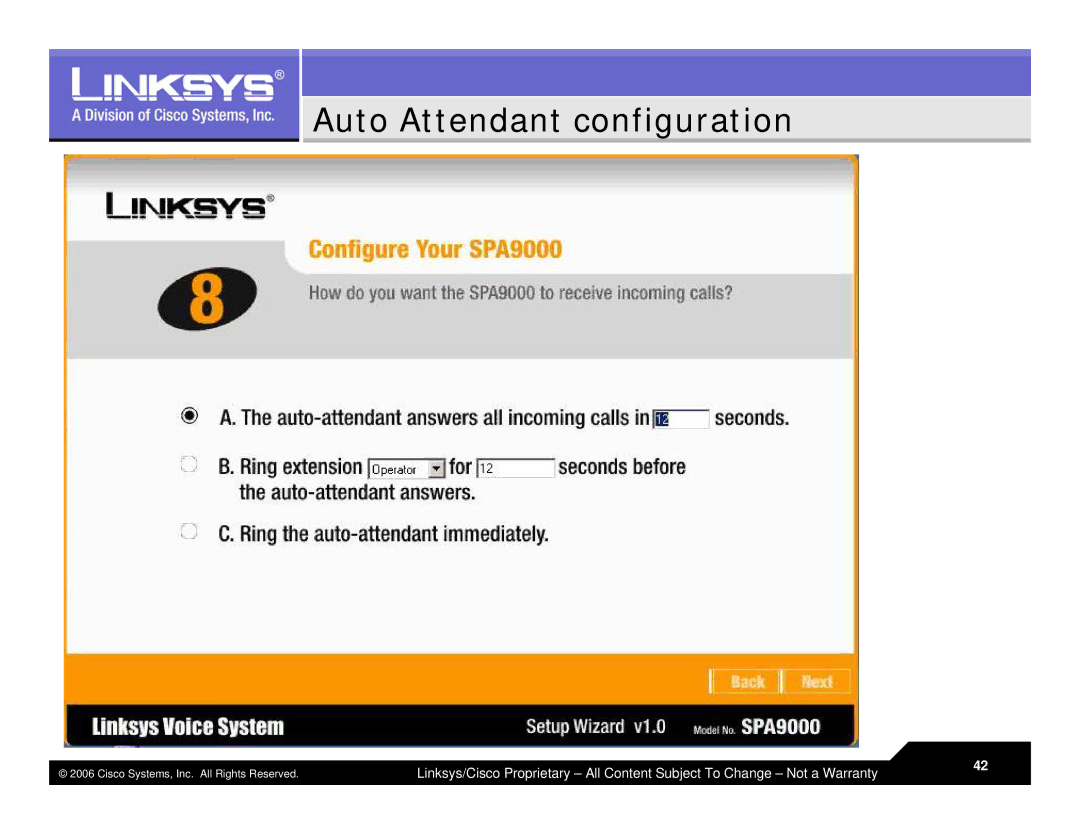 Linksys LVS 9000 warranty Auto Attendant configuration 