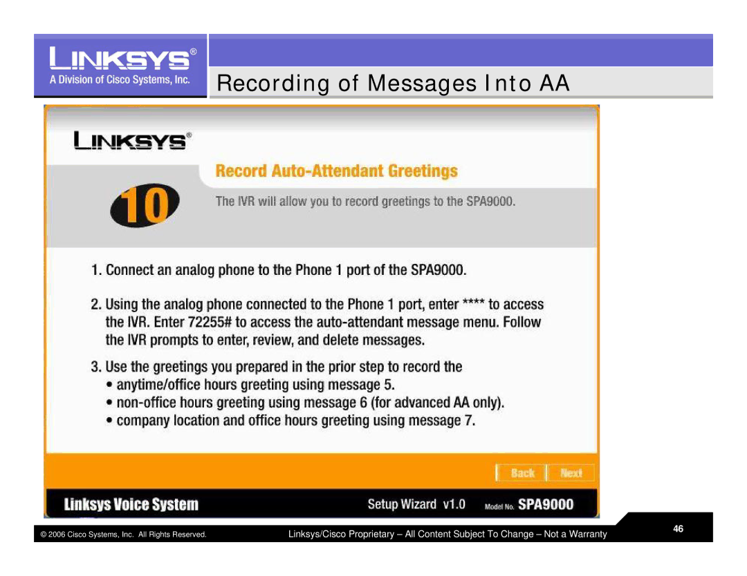 Linksys LVS 9000 warranty Recording of Messages Into AA 