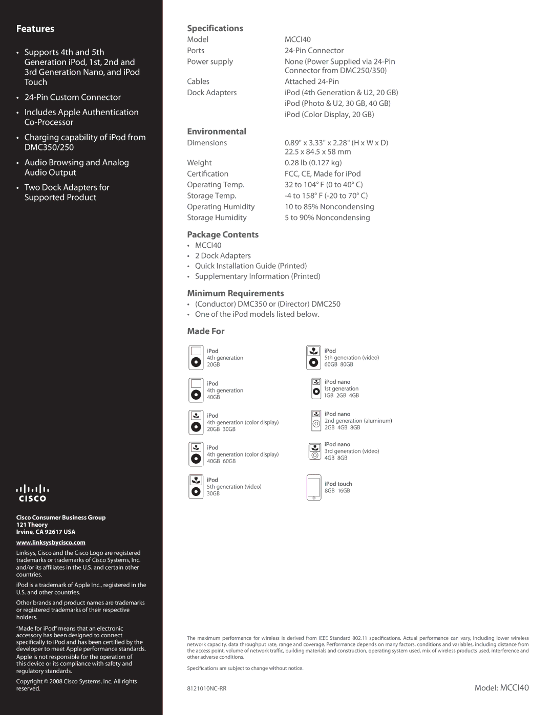 Linksys MCCI40 manual Specifications, Environmental, Package Contents, Minimum Requirements, Made For 