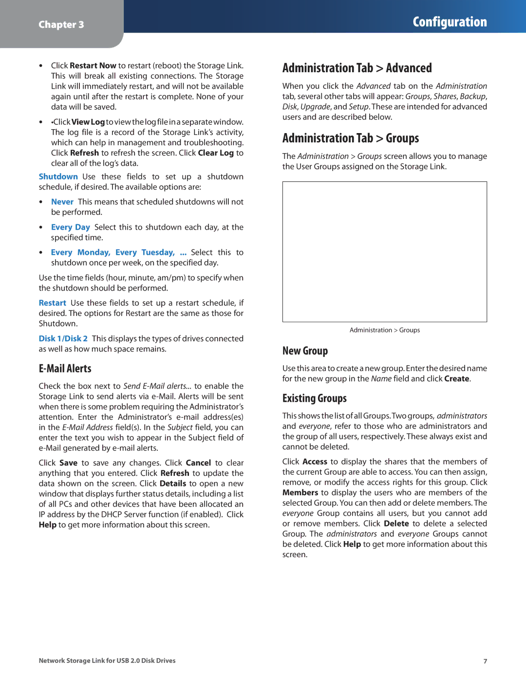 Linksys NSLU2 manual Administration Tab Advanced, Administration Tab Groups, Mail Alerts, New Group, Existing Groups 