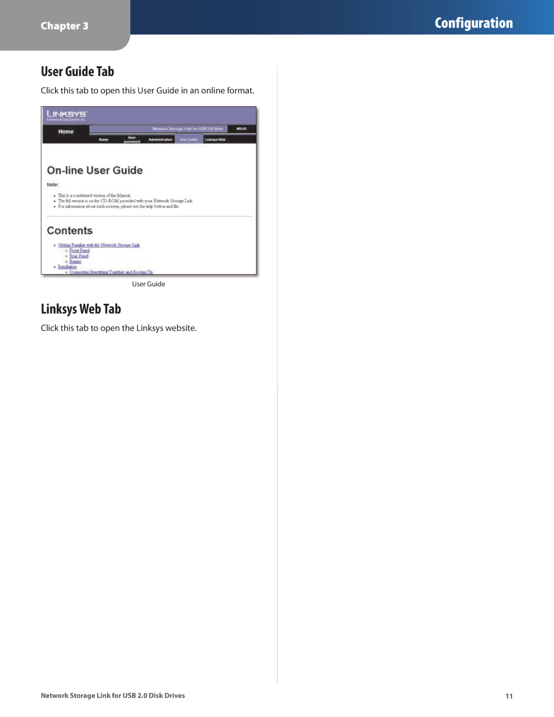 Linksys NSLU2 manual User Guide Tab, Linksys Web Tab 