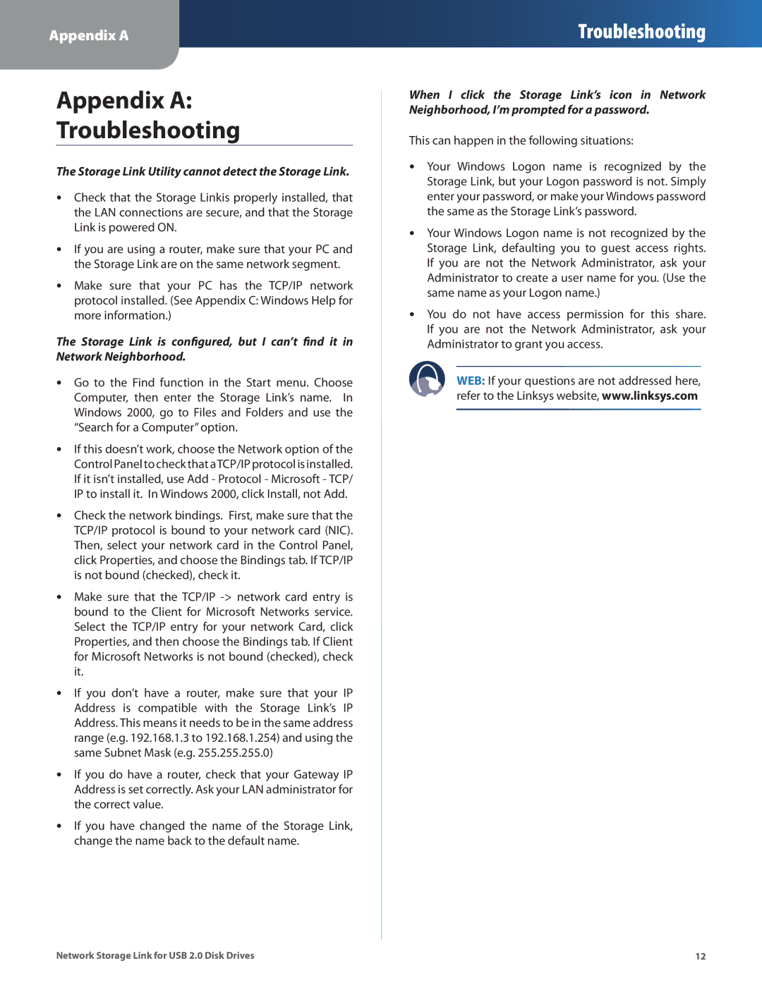 Linksys NSLU2 manual Appendix a Troubleshooting, Storage Link Utility cannot detect the Storage Link 