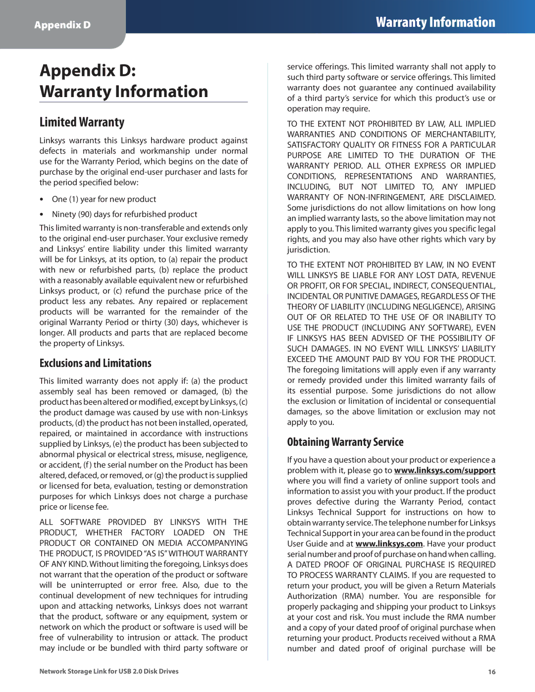 Linksys NSLU2 manual Limited Warranty, Exclusions and Limitations, Obtaining Warranty Service 