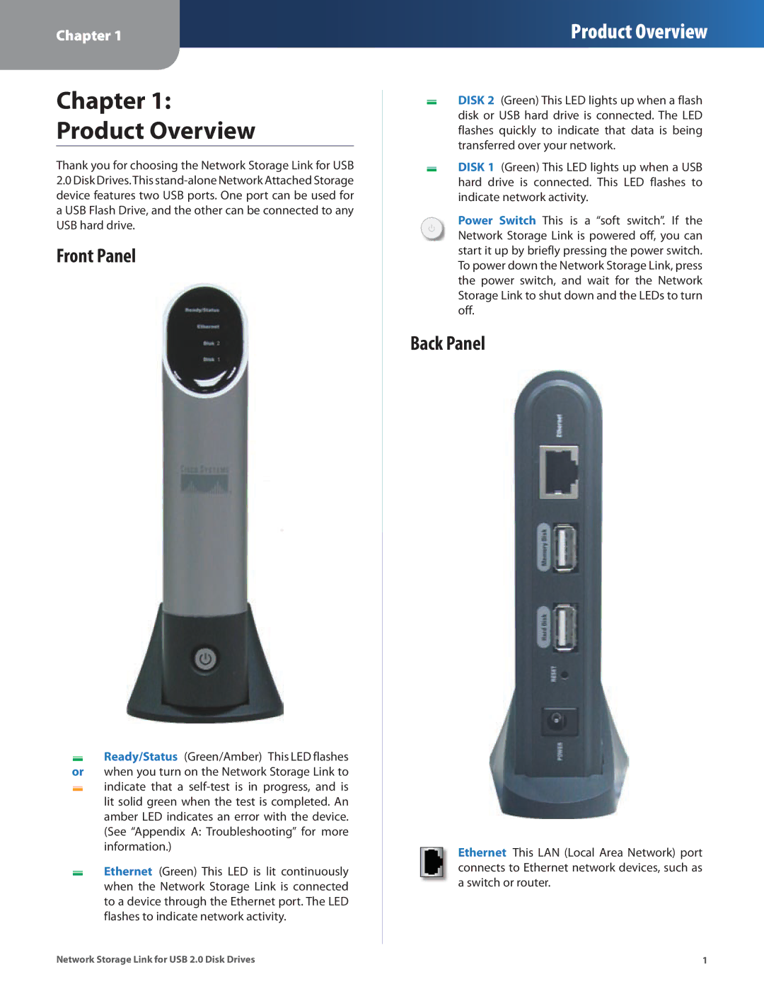 Linksys NSLU2 manual Chapter Product Overview, Front Panel, Back Panel 