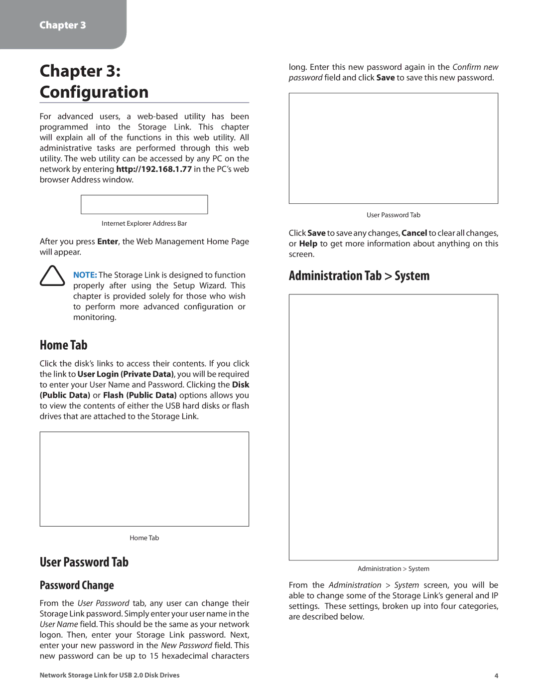 Linksys NSLU2 manual Chapter Configuration, Home Tab, User Password Tab, Administration Tab System, Password Change 