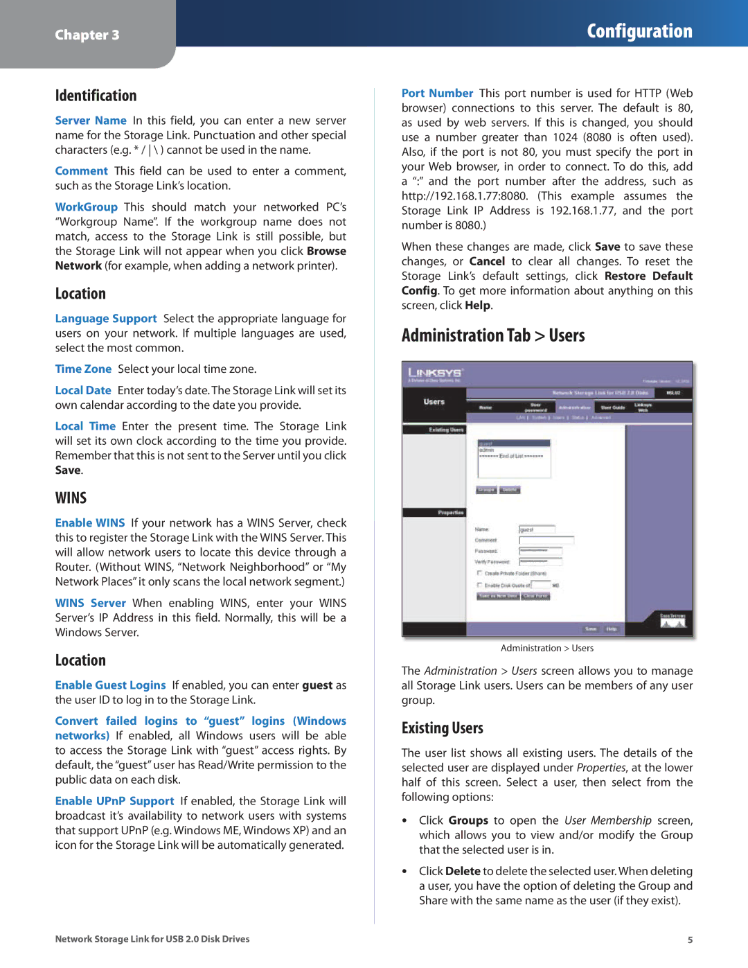 Linksys NSLU2 manual Administration Tab Users, Identification, Location, Existing Users 