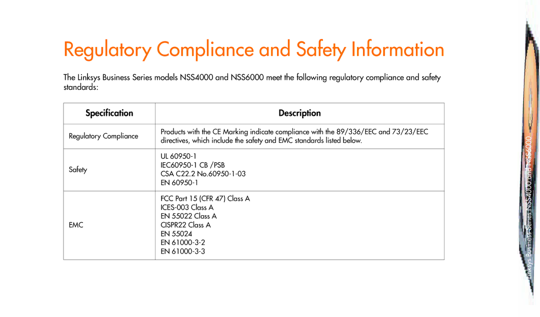 Linksys NSS4000, NSS6000 manual Regulatory Compliance and Safety Information, Specification Description 