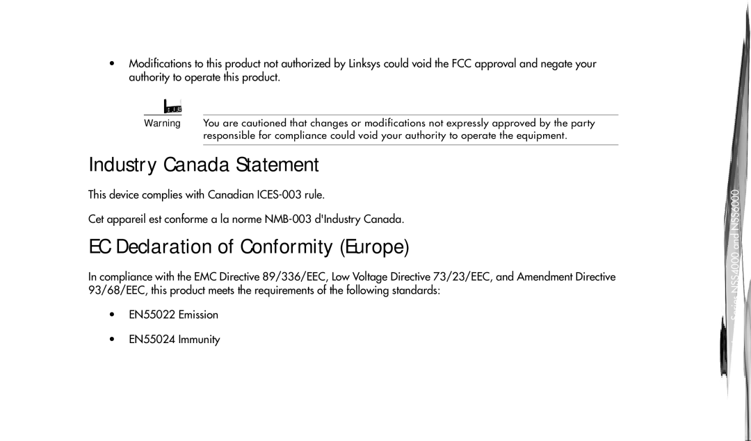 Linksys NSS4000, NSS6000 manual Industry Canada Statement 