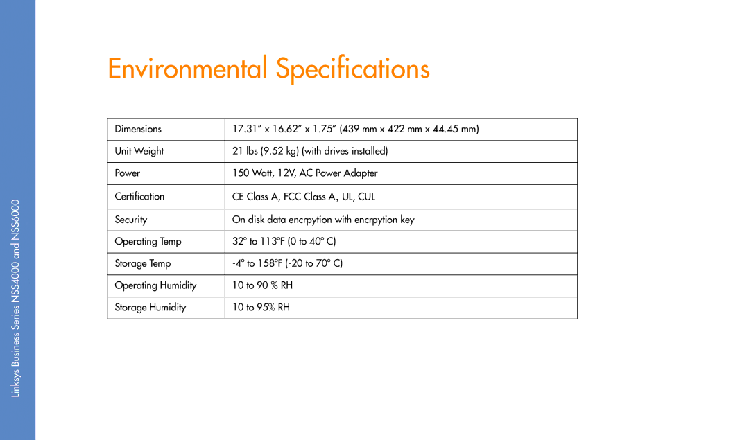 Linksys NSS6000, NSS4000 manual Environmental Specifications 