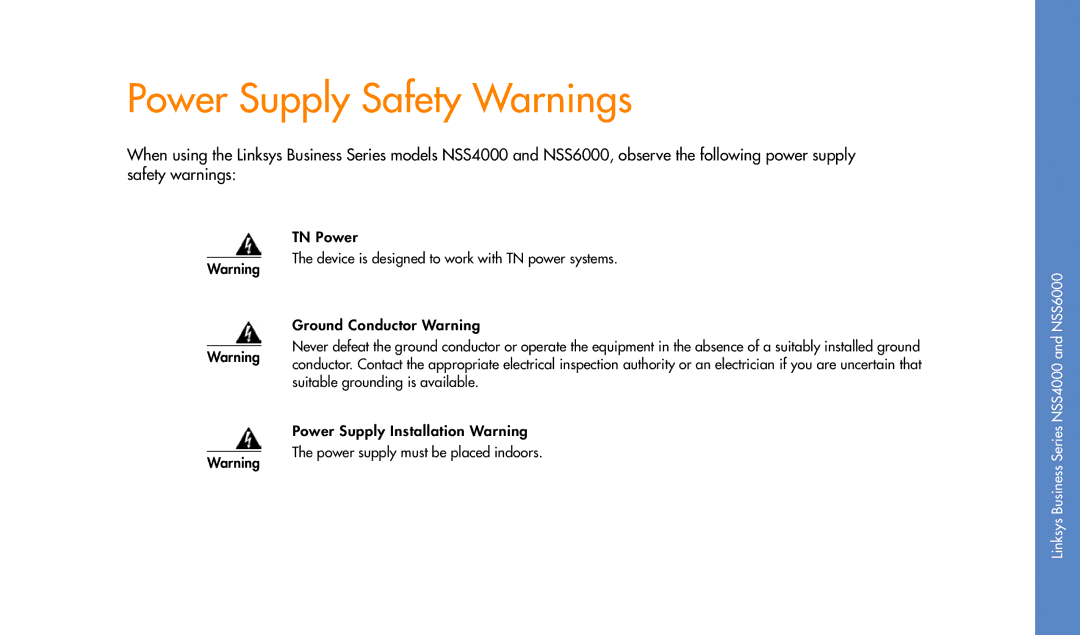 Linksys manual Power Supply Safety Warnings, NSS6000 NSS4000 