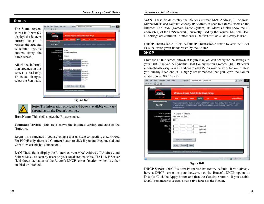 Linksys NWR04B manual Status, Dhcp 