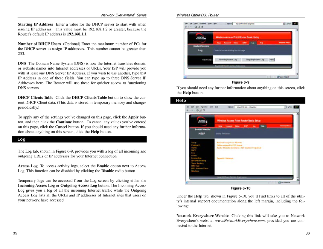 Linksys NWR04B manual Log, Help 