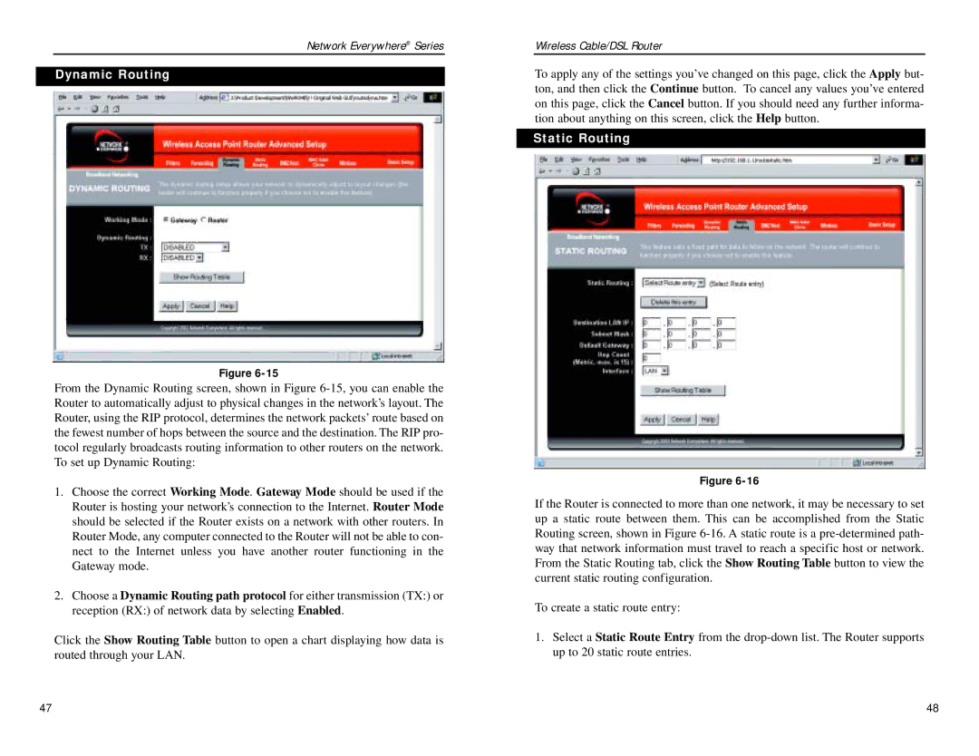 Linksys NWR04B manual Dynamic Routing, Static Routing 