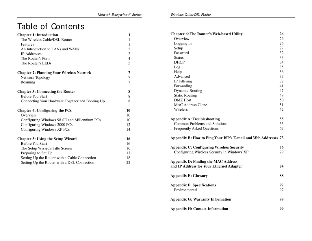 Linksys NWR04B manual Table of Contents 