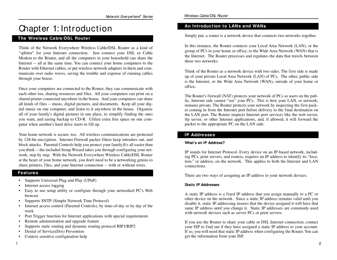 Linksys NWR04B manual Wireless Cable/DSL Router, Features, An Introduction to LANs and WANs, IP Addresses 