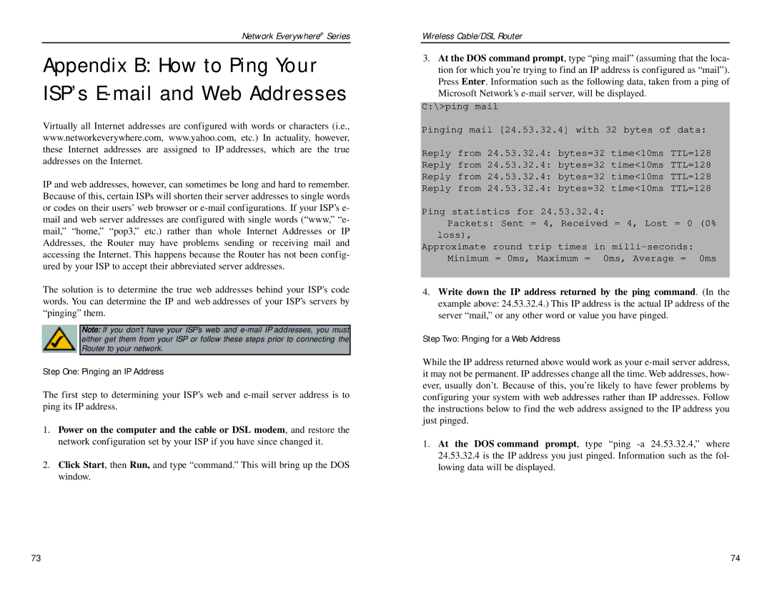 Linksys NWR04B manual Appendix B How to Ping Your ISP’s E-mail and Web Addresses, Step One Pinging an IP Address 