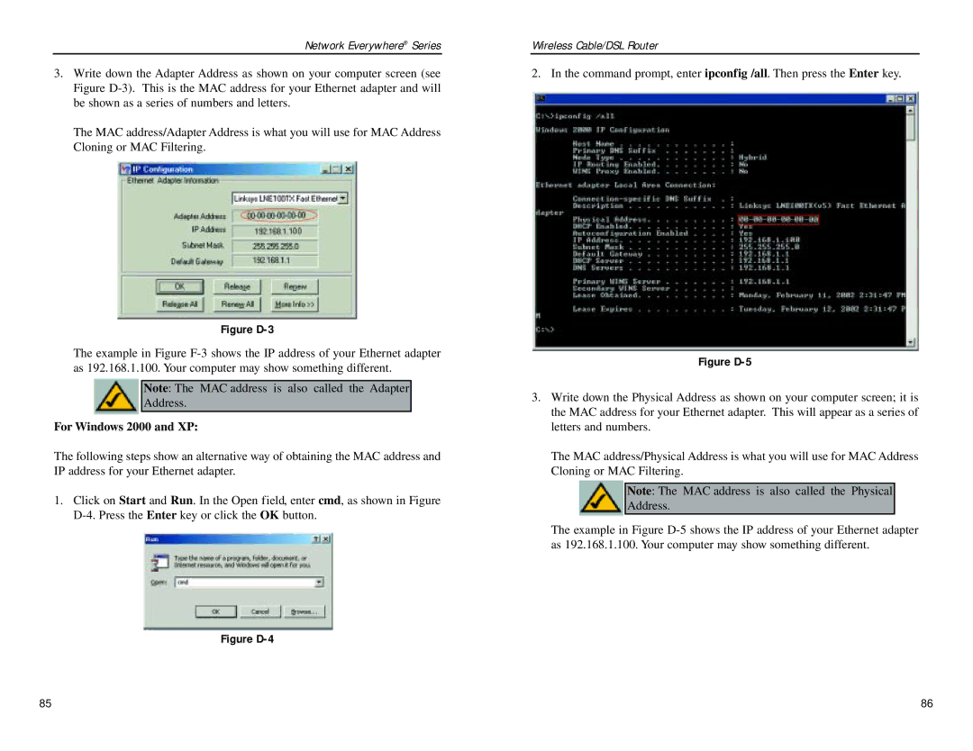 Linksys NWR04B manual Figure D-3, For Windows 2000 and XP 