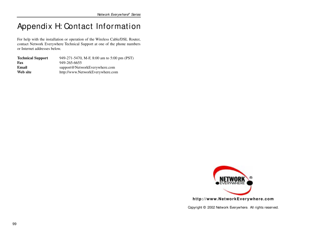 Linksys NWR04B manual Appendix H Contact Information, Technical Support Fax, Web site 