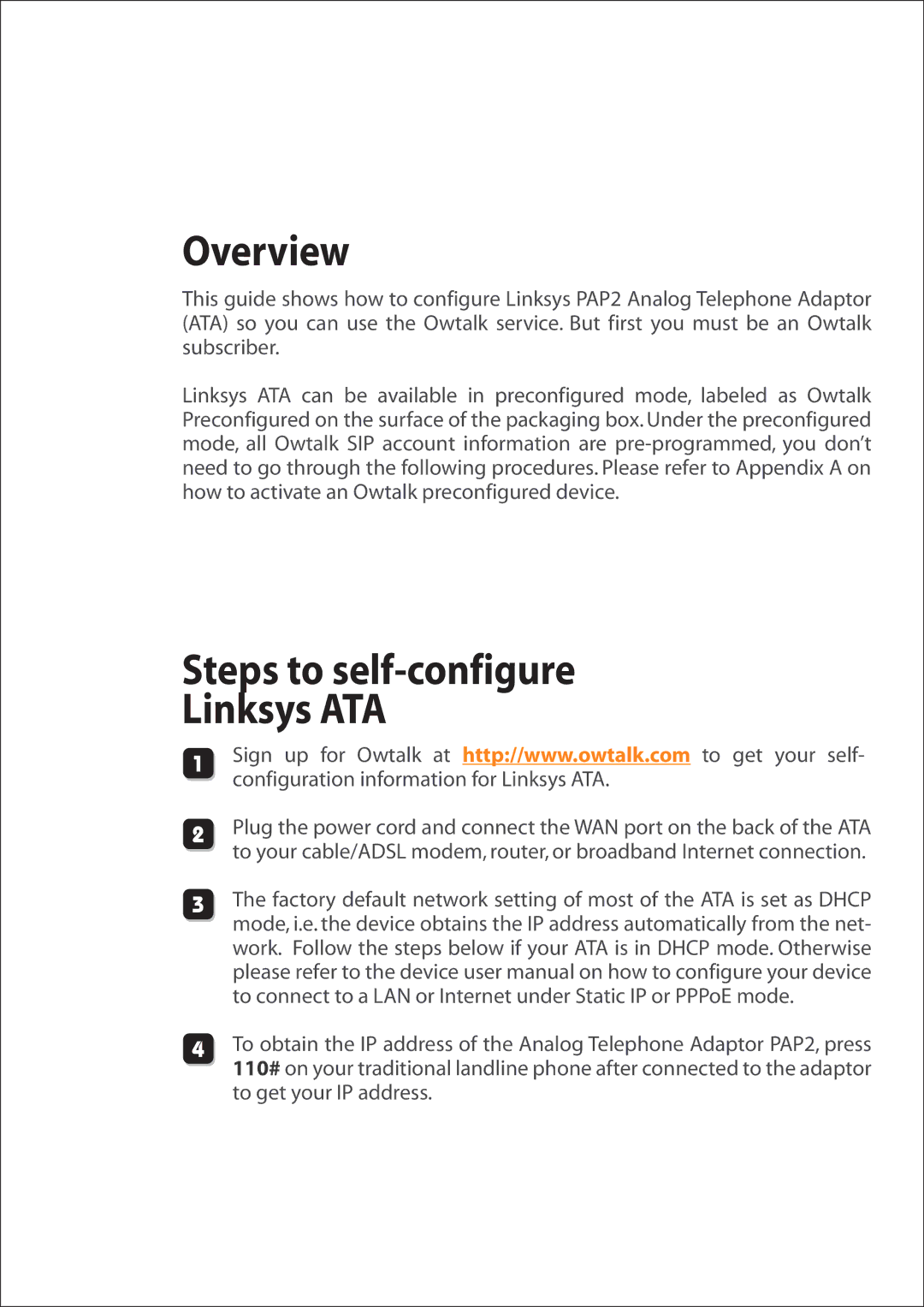 Linksys Owtalk manual Overview, Steps to self-configure Linksys ATA 