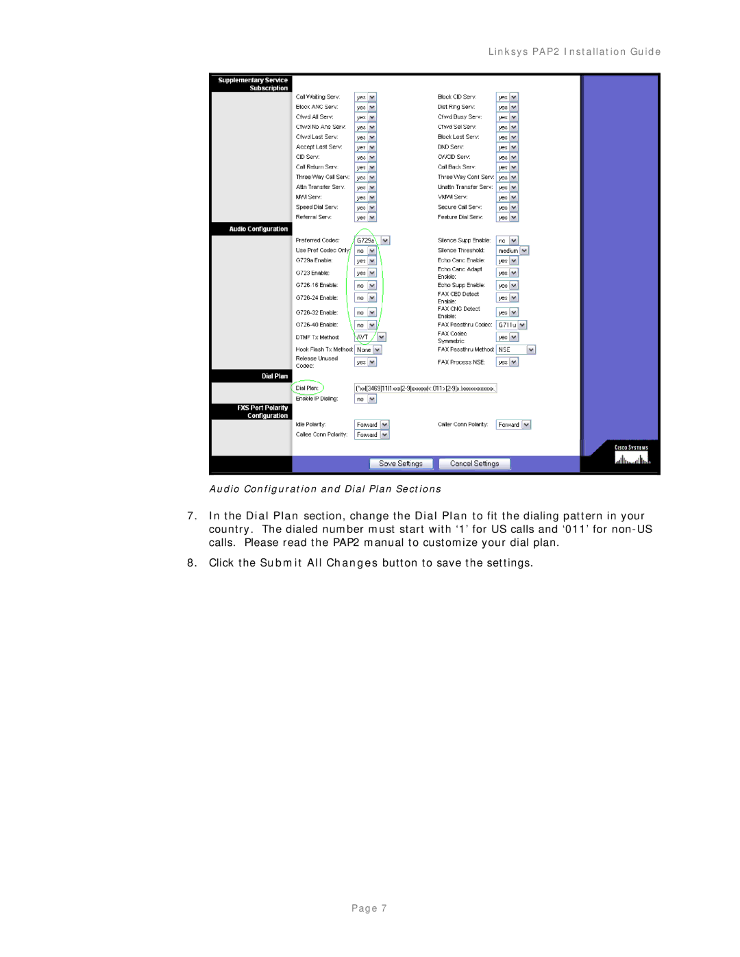 Linksys PAP2-IG-v 1-0-042805 manual Audio Configuration and Dial Plan Sections 