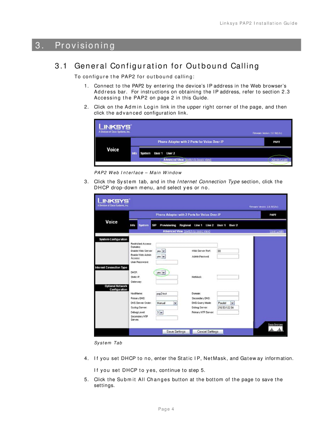 Linksys PAP2-IG-v 1-0-042805 manual Provisioning, General Configuration for Outbound Calling 