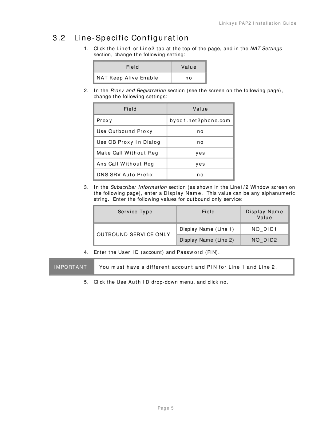 Linksys PAP2-IG-v 1-0-042805 manual Line-Specific Configuration, Field Value NAT Keep Alive Enable, Display Name Line 