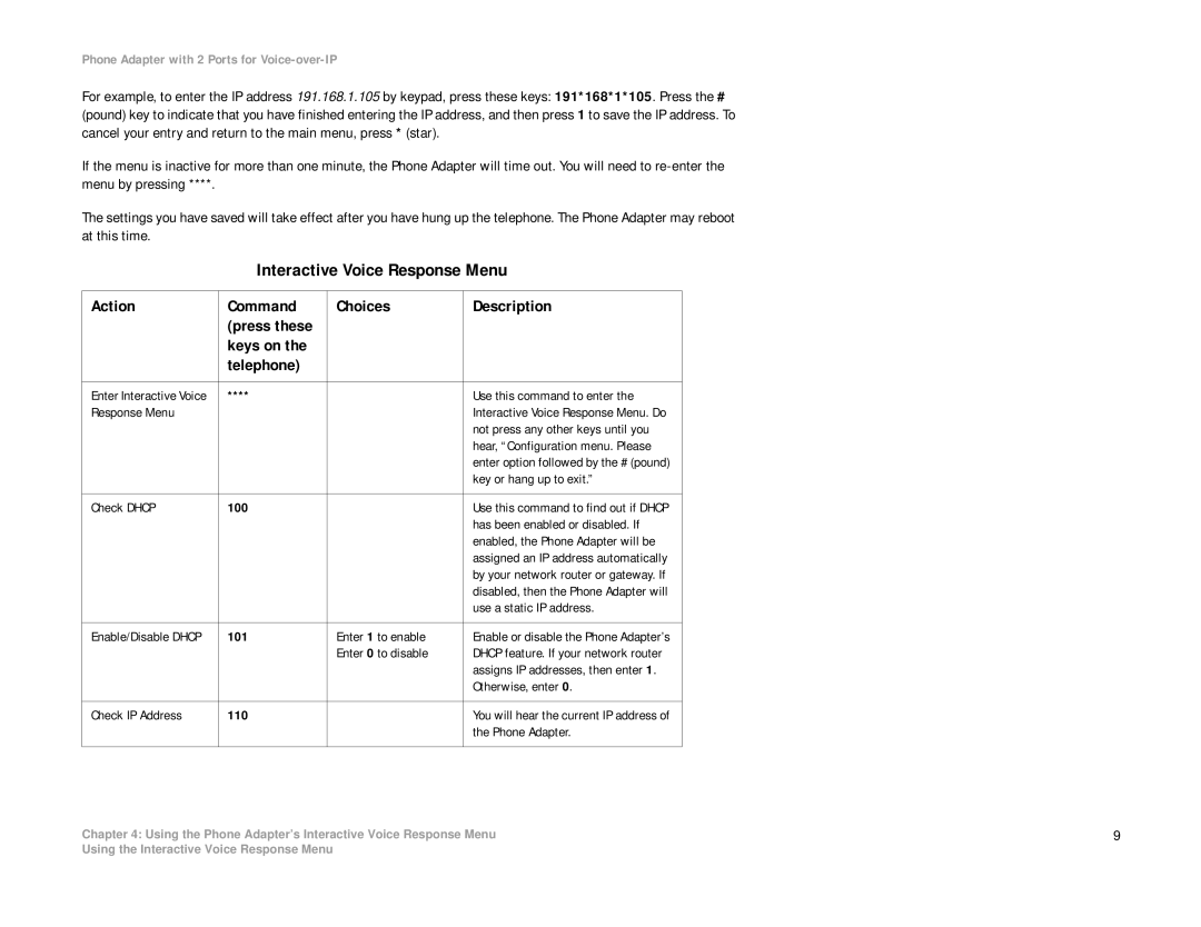 Linksys PAP2-NA manual Interactive Voice Response Menu, Has been enabled or disabled. If 